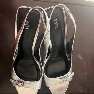 Zara Metallic Silver Slingback Heels with Buckle Detail